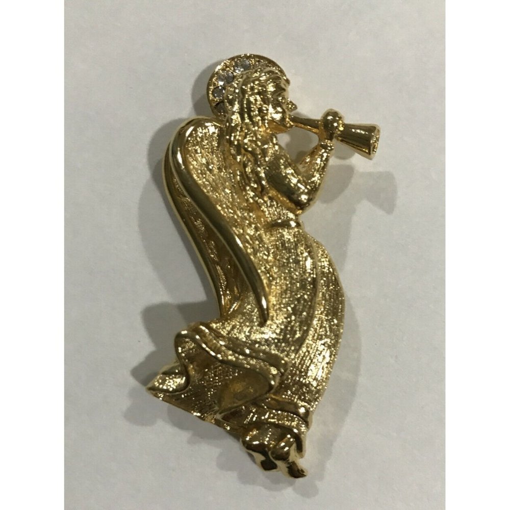 Vintage Gold Tone Angel Rhinestone Brooch Pin Signed Gerry's